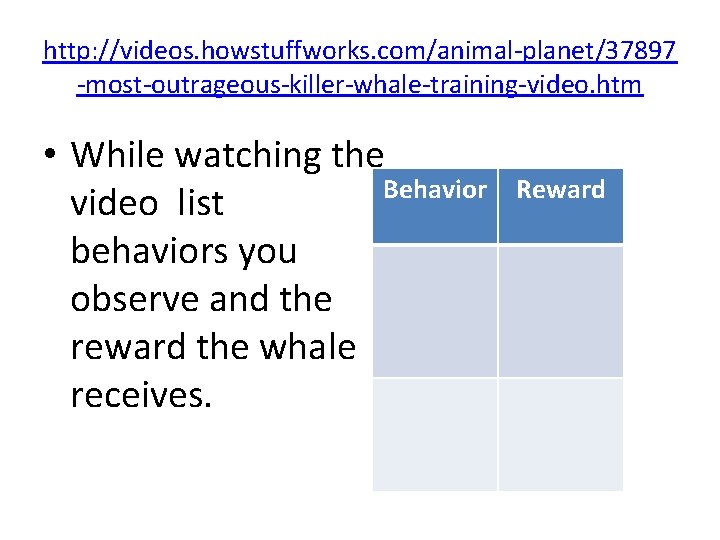 http: //videos. howstuffworks. com/animal-planet/37897 -most-outrageous-killer-whale-training-video. htm • While watching the Behavior video list behaviors
