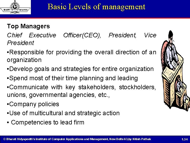 Basic Levels of management Top Managers Chief Executive Officer(CEO), President, Vice President • Responsible