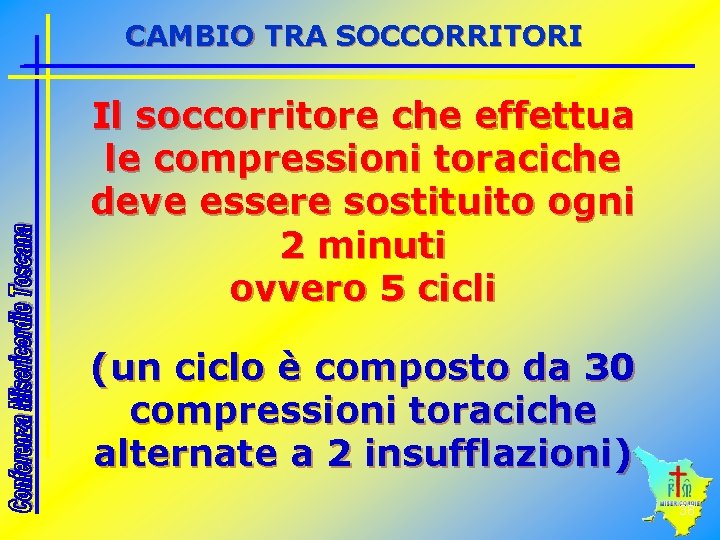 CAMBIO TRA SOCCORRITORI Il soccorritore che effettua le compressioni toraciche deve essere sostituito ogni