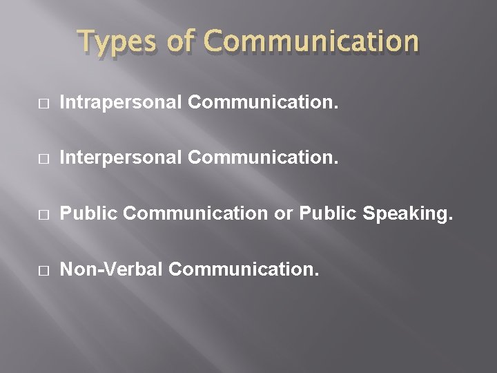 Types of Communication � Intrapersonal Communication. � Interpersonal Communication. � Public Communication or Public