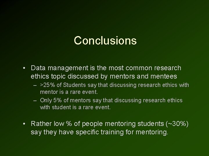 Conclusions • Data management is the most common research ethics topic discussed by mentors