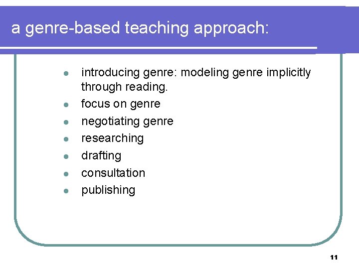 a genre-based teaching approach: l l l l introducing genre: modeling genre implicitly through