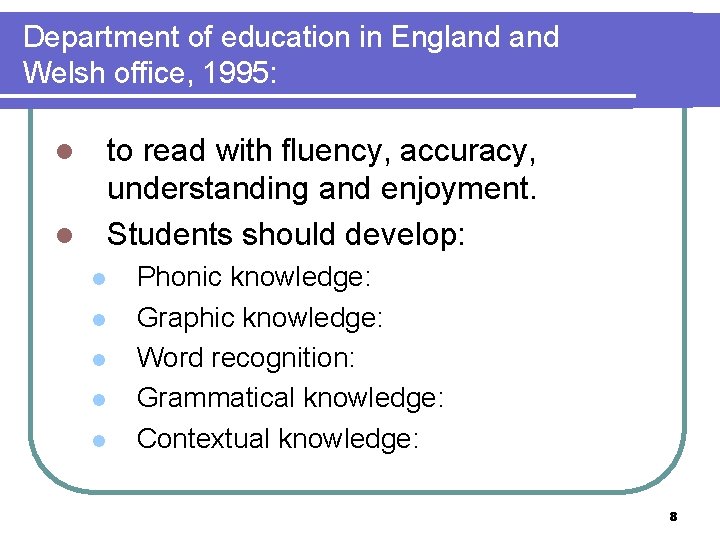 Department of education in England Welsh office, 1995: to read with fluency, accuracy, understanding