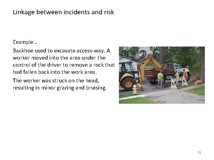 Linkage between incidents and risk Example… Backhoe used to excavate access-way. A worker moved