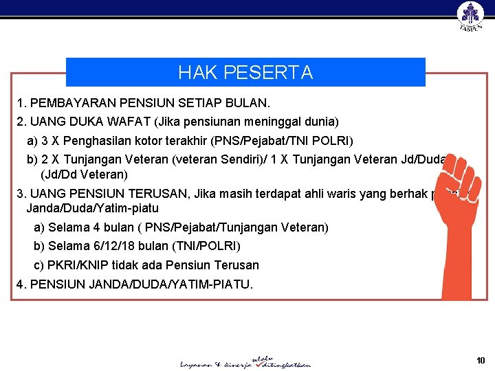HAK PESERTA 1. PEMBAYARAN PENSIUN SETIAP BULAN. 2. UANG DUKA WAFAT (Jika pensiunan meninggal