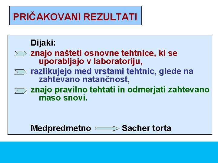 PRIČAKOVANI REZULTATI Dijaki: znajo našteti osnovne tehtnice, tehtnice ki se uporabljajo v laboratoriju, razlikujejo