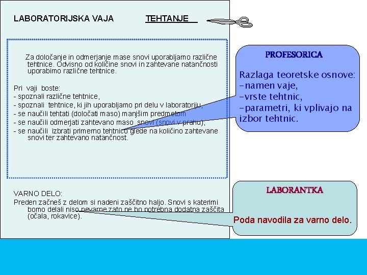 LABORATORIJSKA VAJA TEHTANJE Za določanje in odmerjanje mase snovi uporabljamo različne tehtnice. Odvisno od