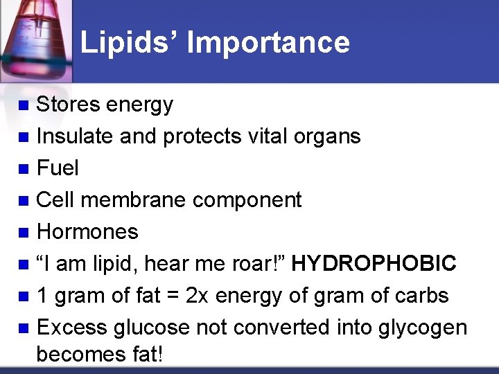 Lipids’ Importance Stores energy n Insulate and protects vital organs n Fuel n Cell
