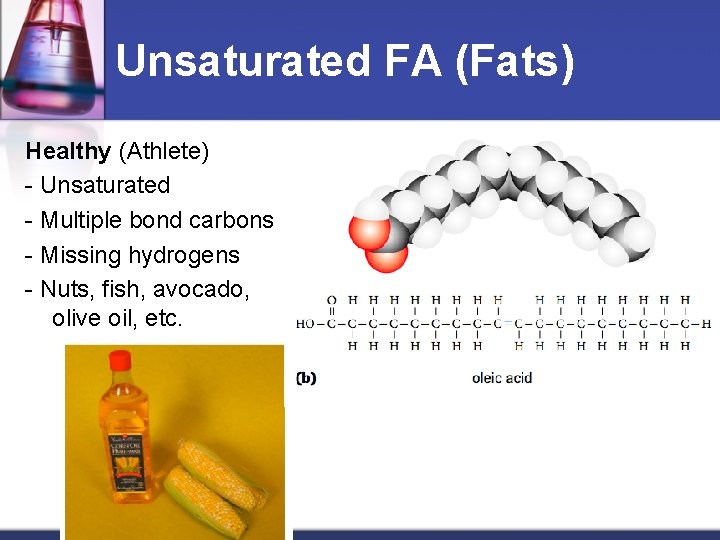 Unsaturated FA (Fats) Healthy (Athlete) - Unsaturated - Multiple bond carbons - Missing hydrogens