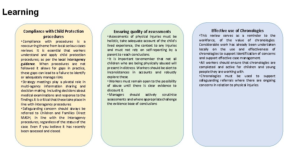 Learning Compliance with Child Protection procedures Compliance with procedures is a reoccurring theme from