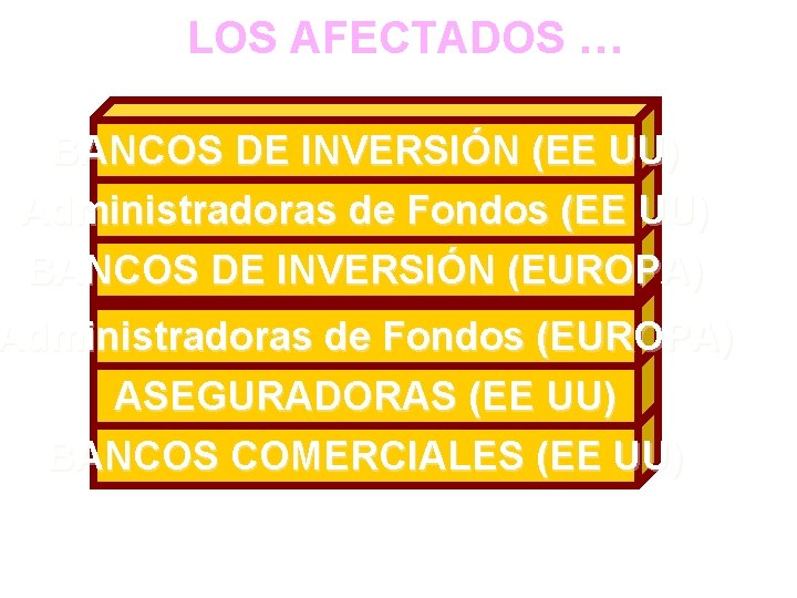 LOS AFECTADOS … BANCOS DE INVERSIÓN (EE UU) Administradoras de Fondos (EE UU) BANCOS