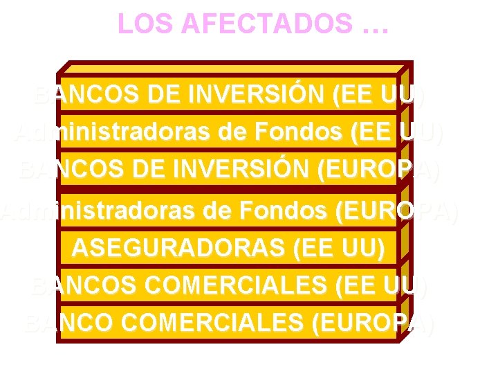 LOS AFECTADOS … BANCOS DE INVERSIÓN (EE UU) Administradoras de Fondos (EE UU) BANCOS