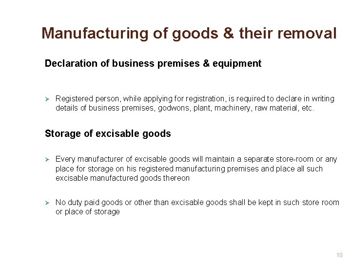 Manufacturing of goods & their removal Declaration of business premises & equipment Ø Registered