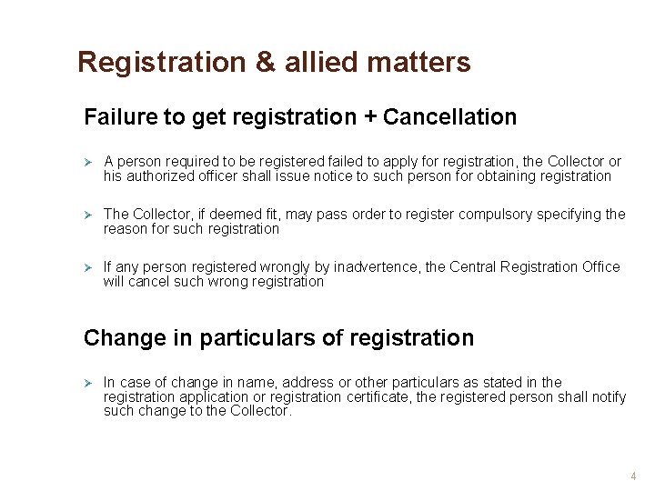 Registration & allied matters Failure to get registration + Cancellation Ø A person required