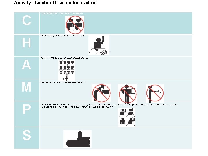 Activity: Teacher-Directed Instruction C CONVERSATION: Voice level 0. No talking! H HELP: Raise your Activity: Teacher-Directed Instruction C CONVERSATION: Voice level 0. No talking! H HELP: Raise your
