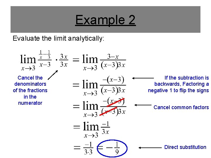 Example 2 Evaluate the limit analytically: Cancel the denominators of the fractions in the