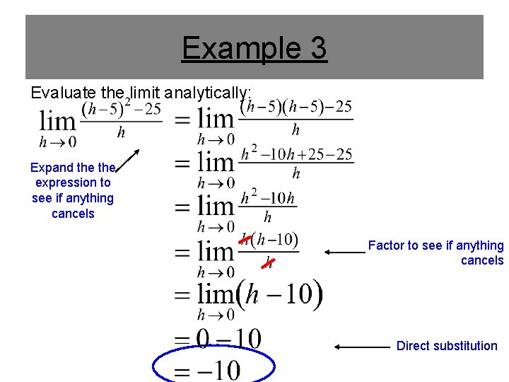 Example 3 Evaluate the limit analytically: Expand the expression to see if anything cancels