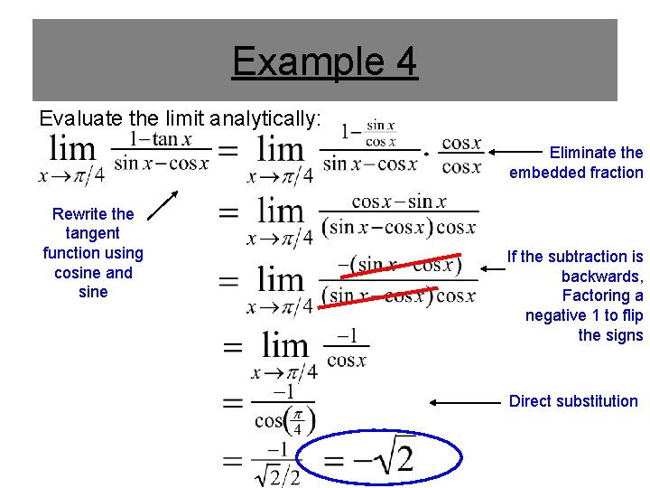 Example 4 Evaluate the limit analytically: Eliminate the embedded fraction Rewrite the tangent function