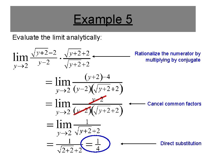 Example 5 Evaluate the limit analytically: Rationalize the numerator by multiplying by conjugate Cancel Example 5 Evaluate the limit analytically: Rationalize the numerator by multiplying by conjugate Cancel