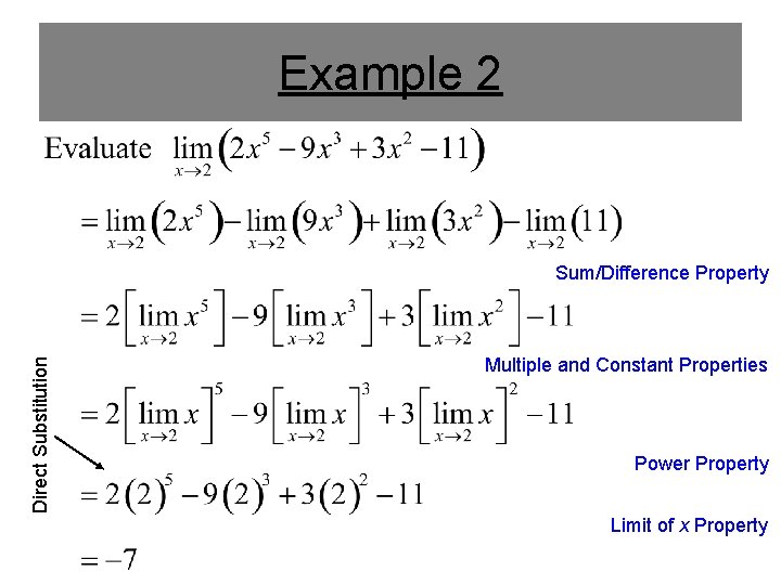 Example 2 Direct Substitution Sum/Difference Property Multiple and Constant Properties Power Property Limit of