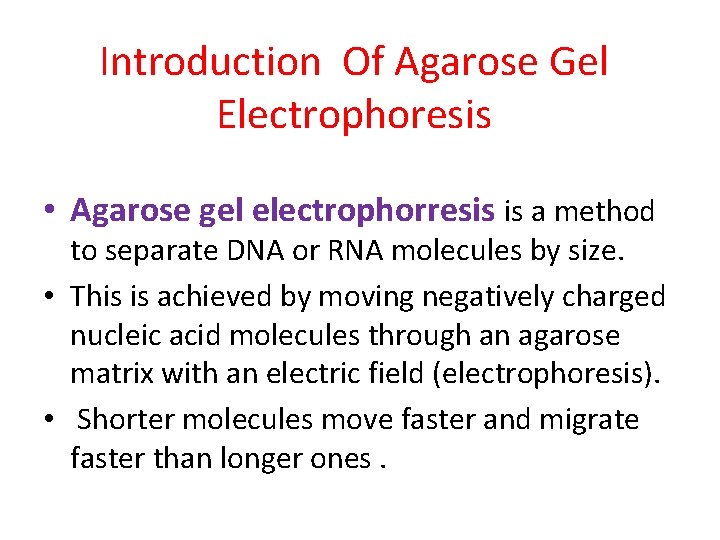 Introduction Of Agarose Gel Electrophoresis • Agarose gel electrophorresis is a method to separate