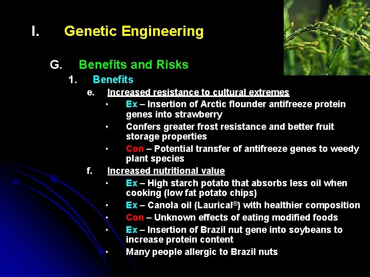 I. Genetic Engineering G. Benefits and Risks 1. Benefits e. f. Increased resistance to