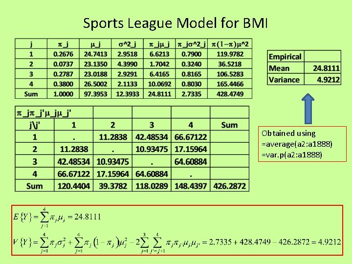 Sports League Model for BMI Obtained using =average(a 2: a 1888) =var. p(a 2: