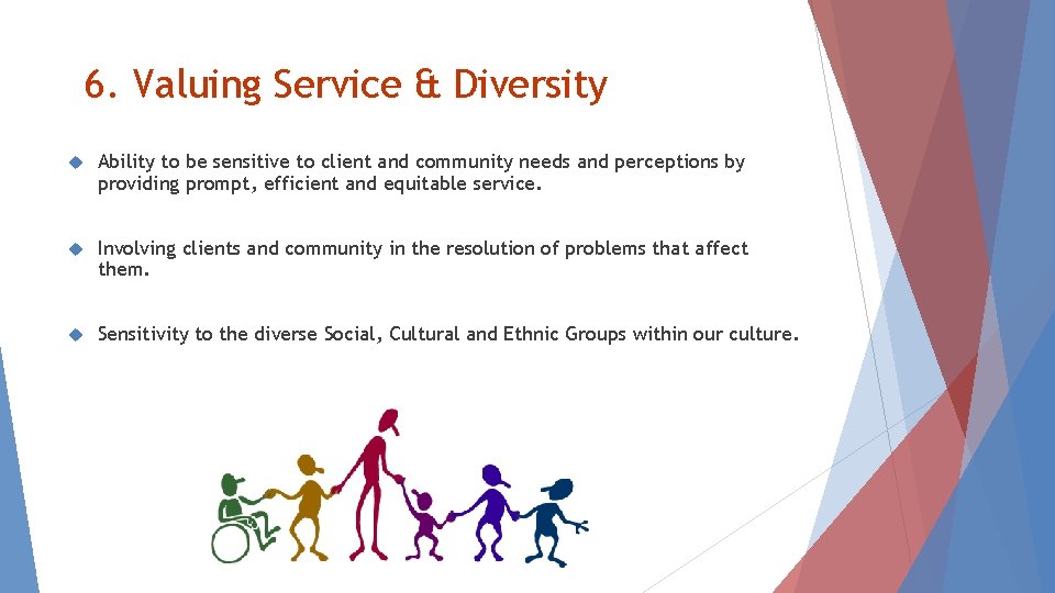 6. Valuing Service & Diversity Ability to be sensitive to client and community needs