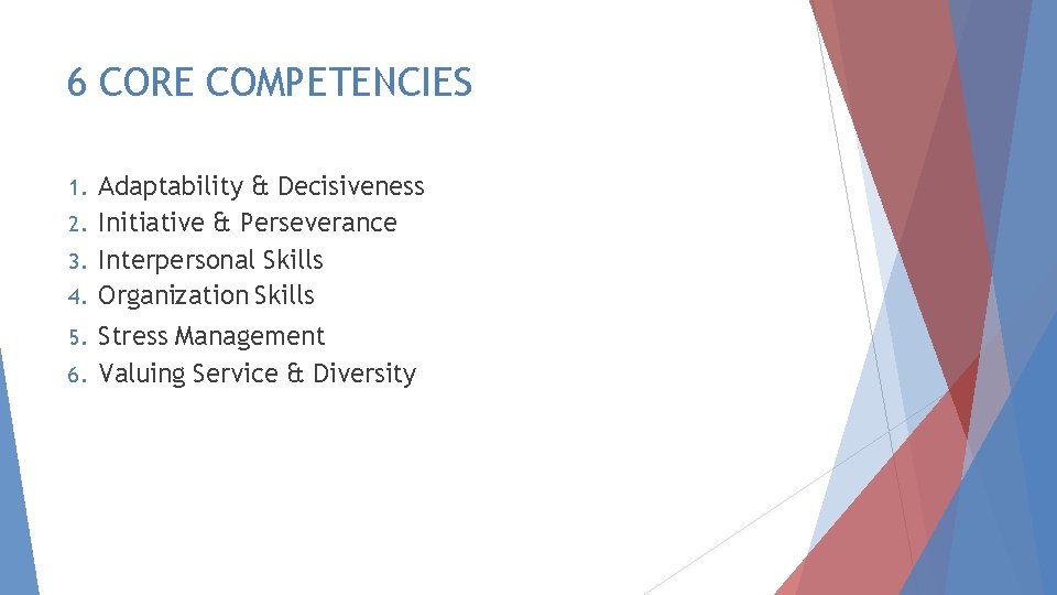 6 CORE COMPETENCIES Adaptability & Decisiveness 2. Initiative & Perseverance 3. Interpersonal Skills 4.