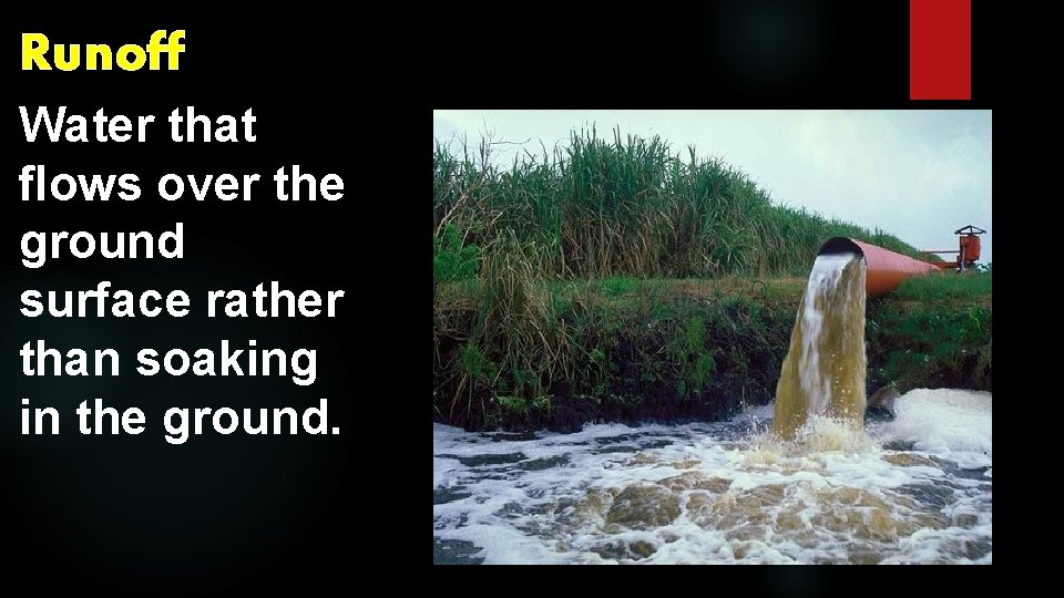 Runoff Water that flows over the ground surface rather than soaking in the ground.