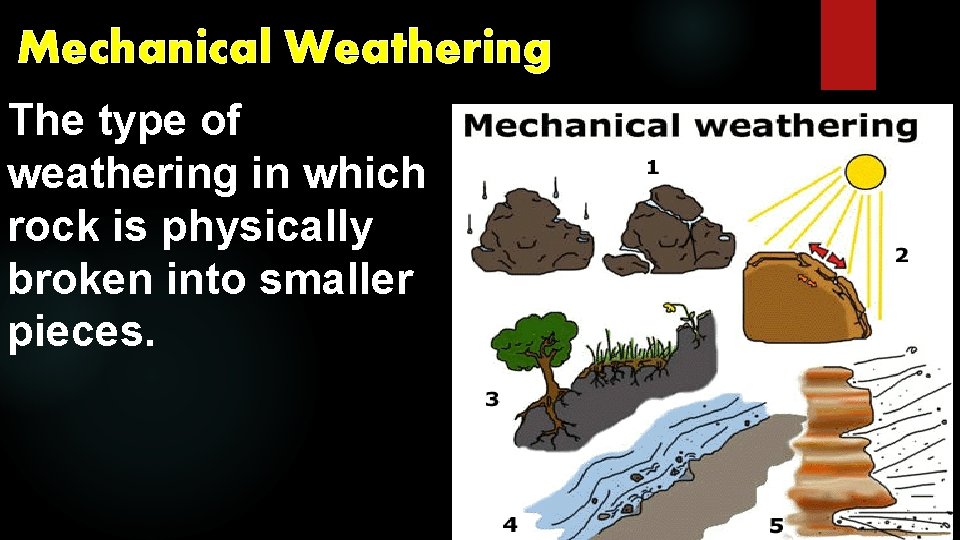 Mechanical Weathering The type of weathering in which rock is physically broken into smaller