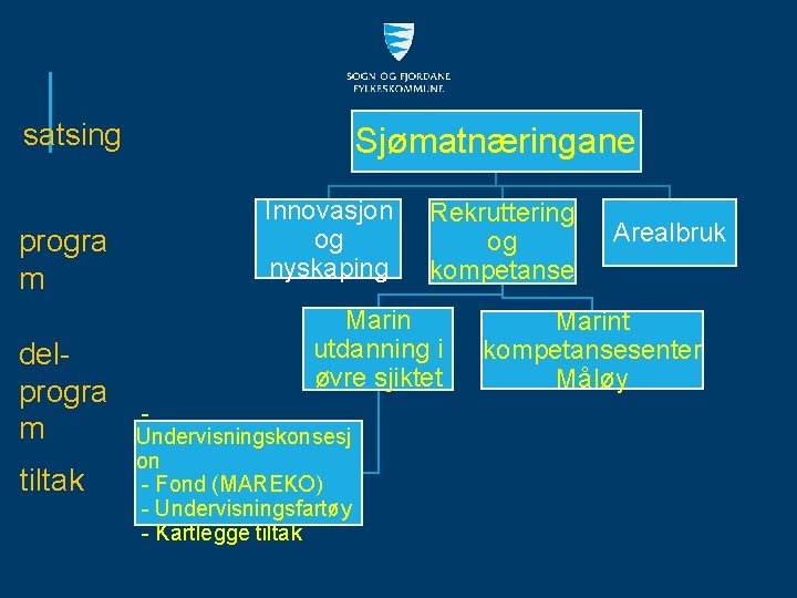 satsing progra m delprogra m tiltak Sjømatnæringane Innovasjon og nyskaping Rekruttering og kompetanse Marin