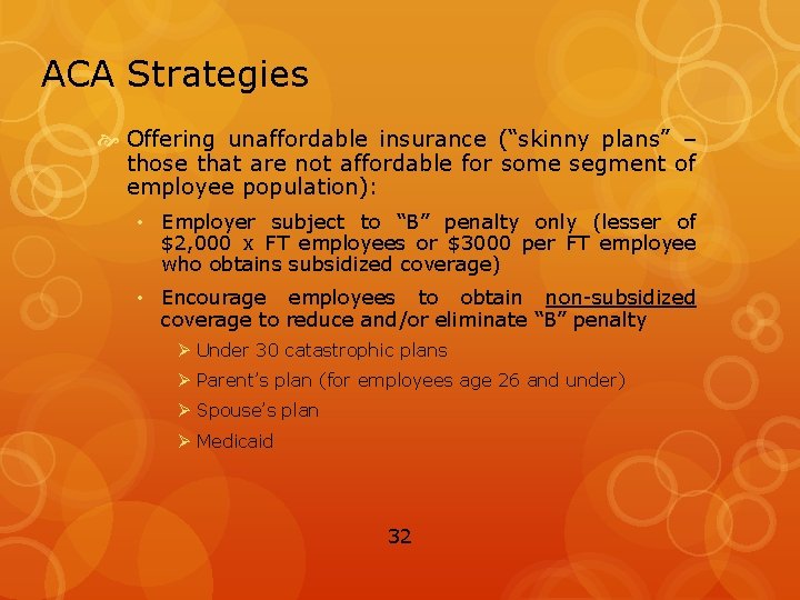 ACA Strategies Offering unaffordable insurance (“skinny plans” – those that are not affordable for