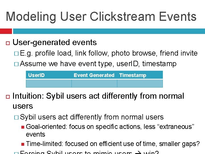 Modeling User Clickstream Events User-generated events � E. g. profile load, link follow, photo