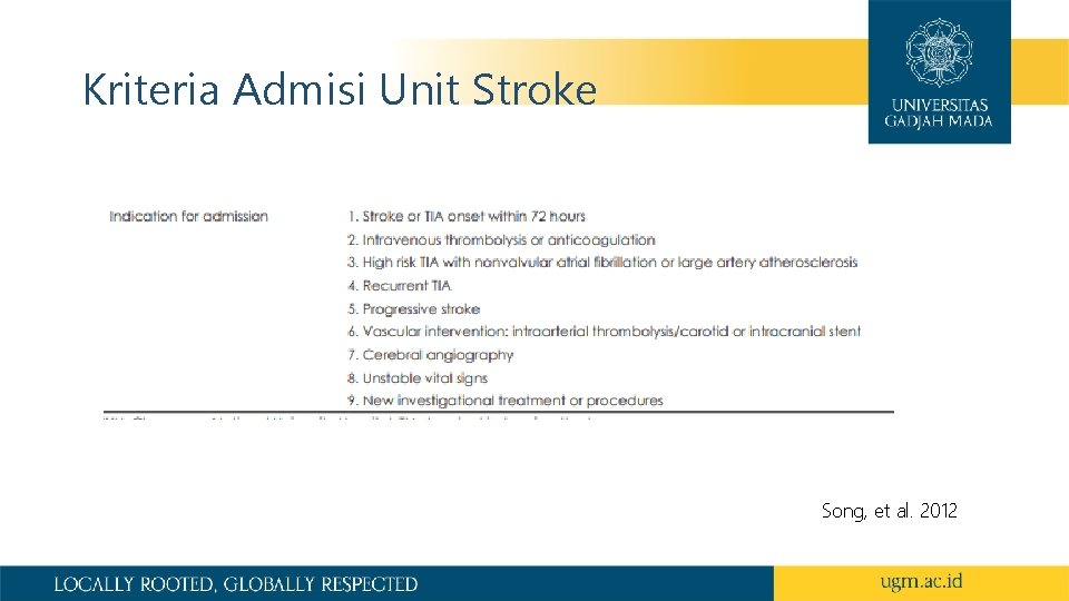 Kriteria Admisi Unit Stroke Song, et al. 2012 