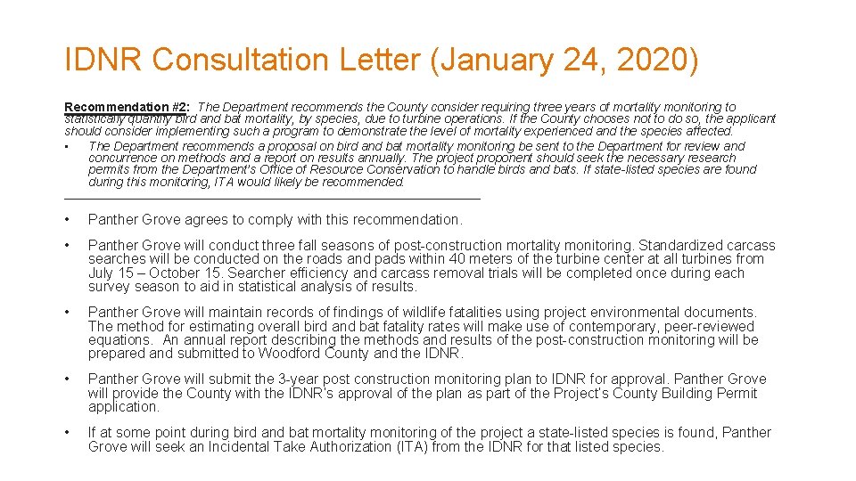 IDNR Consultation Letter (January 24, 2020) Recommendation #2: The Department recommends the County consider