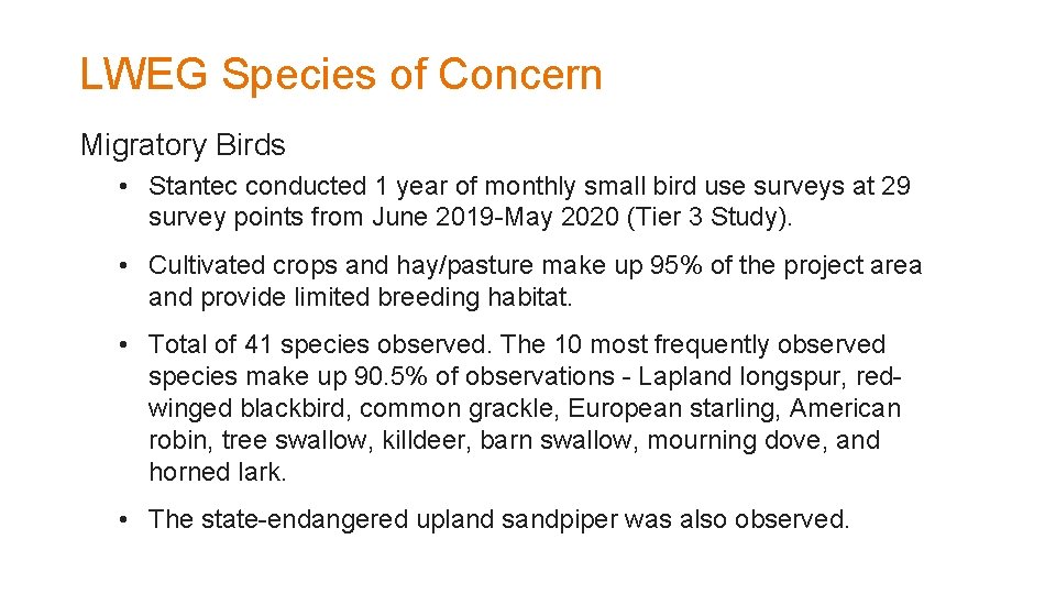 LWEG Species of Concern Migratory Birds • Stantec conducted 1 year of monthly small