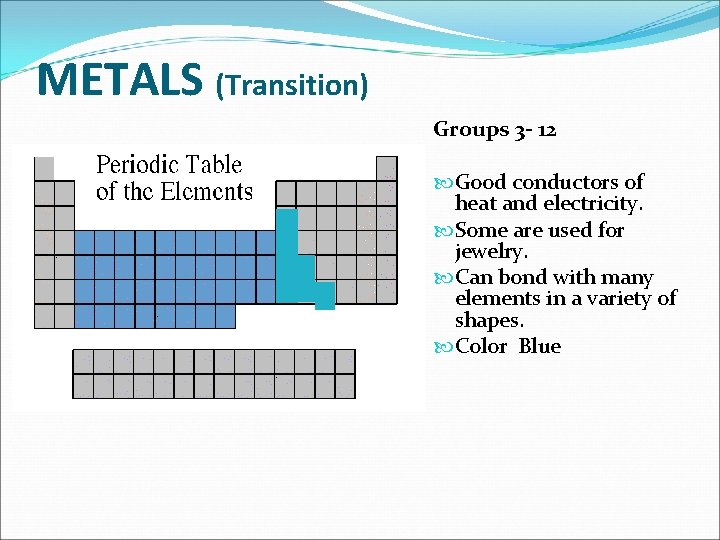 METALS (Transition) Groups 3 - 12 Good conductors of heat and electricity. Some are