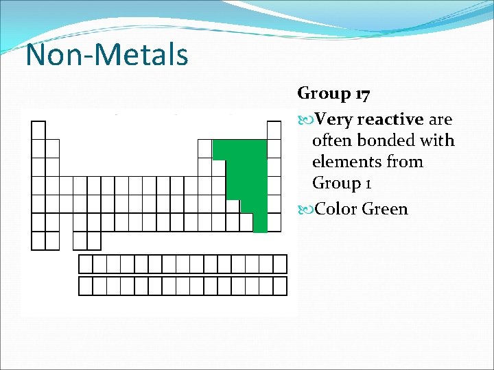 Non-Metals Group 17 Very reactive are often bonded with elements from Group 1 Color