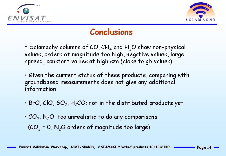 Conclusions • Sciamachy columns of CO, CH 4 and H 2 O show non-physical