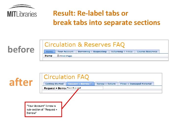 Result: Re-label tabs or break tabs into separate sections before after “Your Account” is