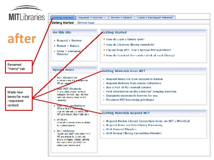 after Renamed “Home” tab Made new boxes for most -requested content 