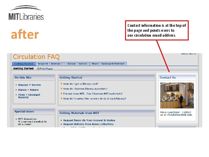 after Contact information is at the top of the page and points users to