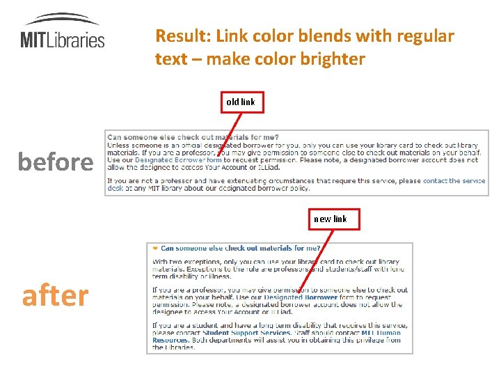 Result: Link color blends with regular text – make color brighter old link before