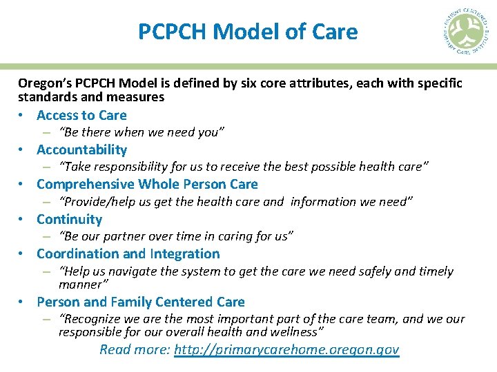 PCPCH Model of Care Oregon’s PCPCH Model is defined by six core attributes, each