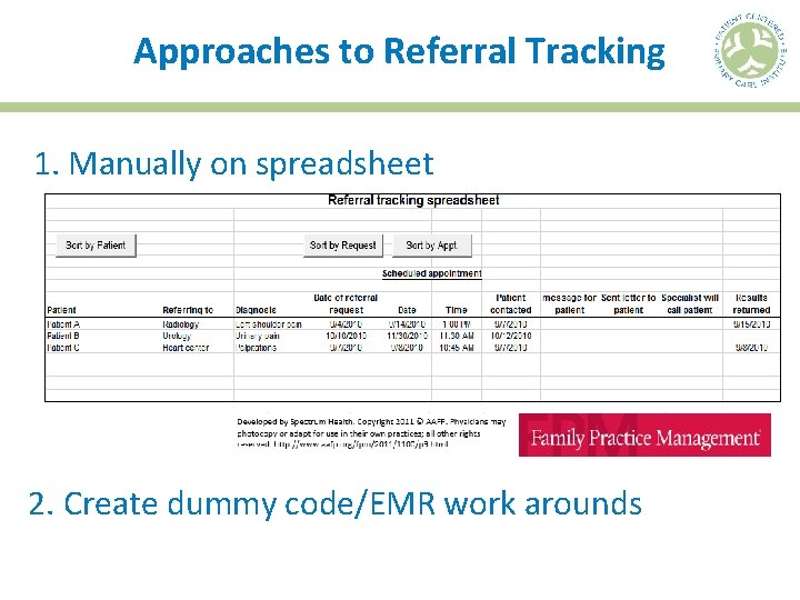 Approaches to Referral Tracking 1. Manually on spreadsheet 2. Create dummy code/EMR work arounds