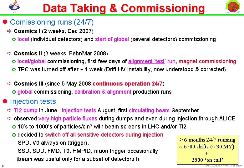 Data Taking & Commissioning l Comissioning runs (24/7) ð Cosmics I (2 weeks, Dec