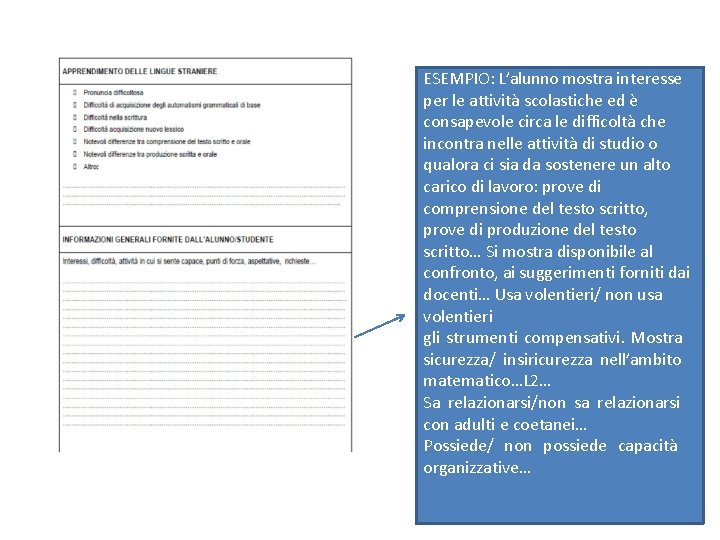 ESEMPIO: L’alunno mostra interesse per le attività scolastiche ed è consapevole circa le difficoltà