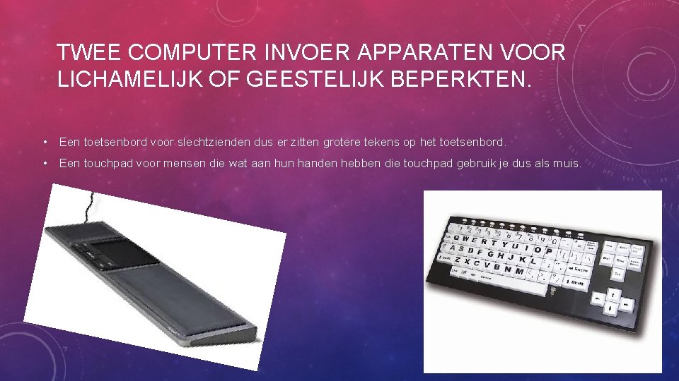 TWEE COMPUTER INVOER APPARATEN VOOR LICHAMELIJK OF GEESTELIJK BEPERKTEN. • Een toetsenbord voor slechtzienden