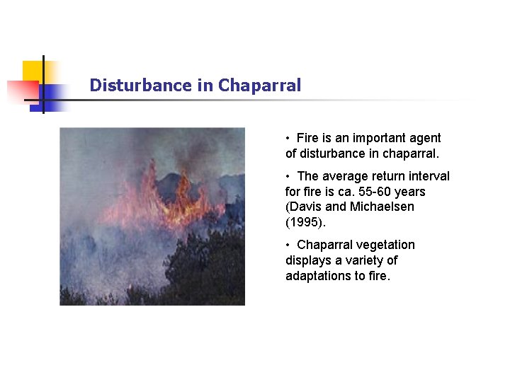 Disturbance in Chaparral • Fire is an important agent of disturbance in chaparral. •